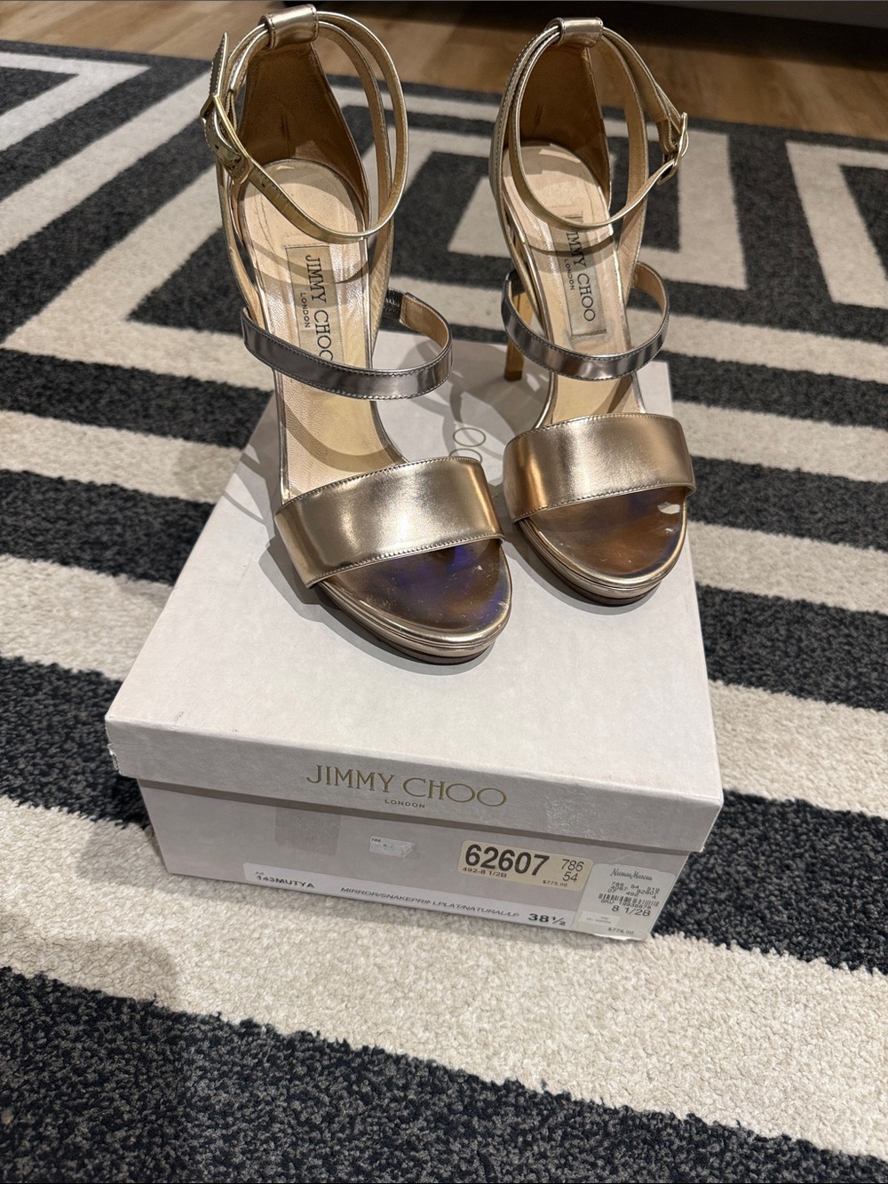 Jimmy Choo Metallic Gold Leather Strappy Platform Heels